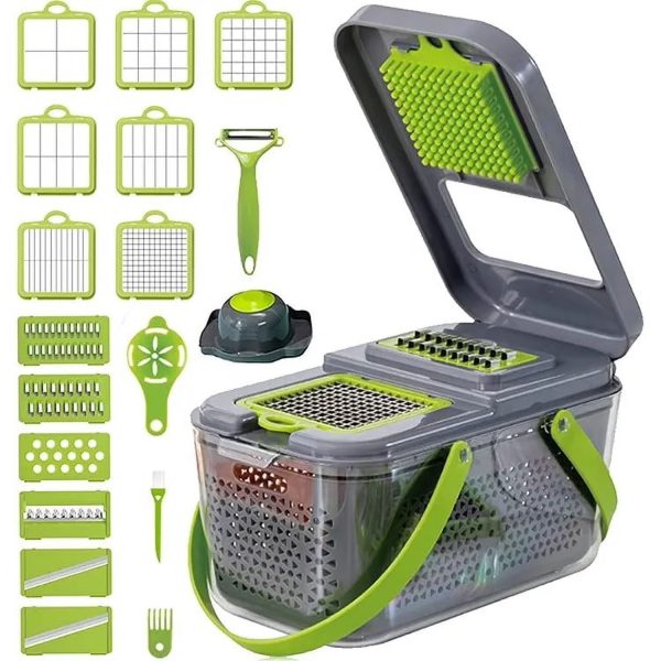 22-in-1 Vegetable Slicer Cutter Machine with Colander Basket, Chopper for Fruits, Garlic, Zoodles, Cheese, Salad Prep, Easy-to-Clean Kitchen Gadget