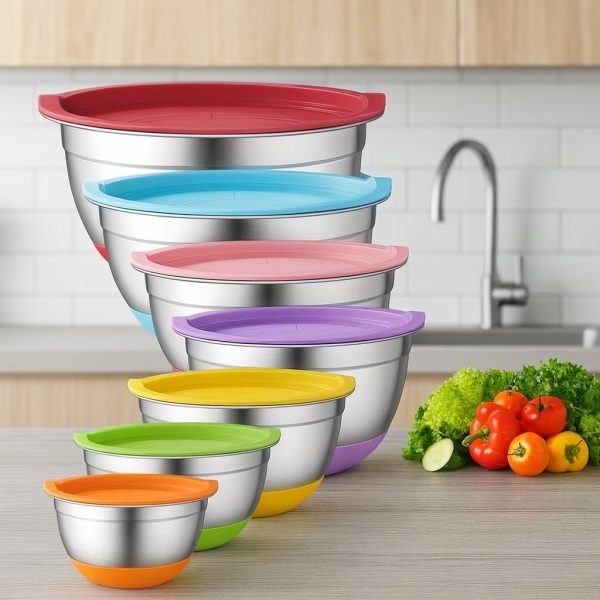 AK Products 7PCS Stainless Steel Mixing Bowls Set with Lids – Nesting Kitchen Bowls for Cooking, Baking, Meal Prep – Non-Slip Base & Measurement Marks – 18/20/22/24/26/28/30cm